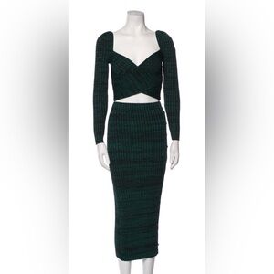 Self-Portrait Marled Knit Green Black Crossover Sweater + Skirt Set